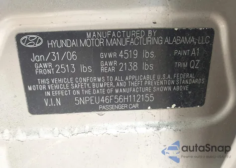 2006 Hyundai Sonata Gls V6/Lx V6 из США, поврежденный, VIN 5NPEU46F56H112155